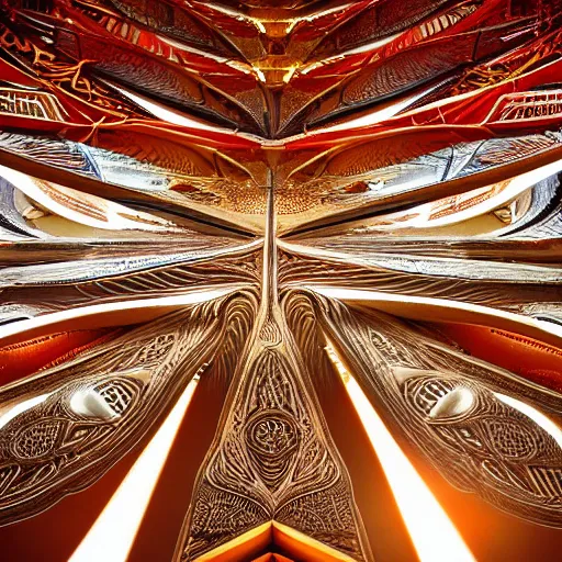 Prompt: futuristic god temple with gold, red and white marble panels, shafts of sunlight in the centre, in the desert, by h r giger, intricate contemporary architecture with art nouveau motifs, photo journalism, photography, cinematic, national geographic photoshoot