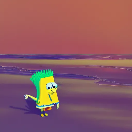 Image similar to spongebob walking on the shore, digital art, by Beeple