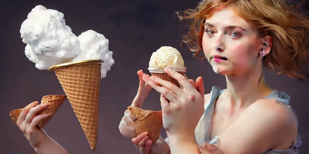 Image similar to a girl with an ice cream cone on hands with a white fluffy cloud in it, realistic 4 k octane cycles beautifully detailed render, 4 k, deep focus, intricate, elegant, highly detailed, photorealistic rendering, sharp focus, illustration, hearthstone, art by artgerm and alphonse mucha