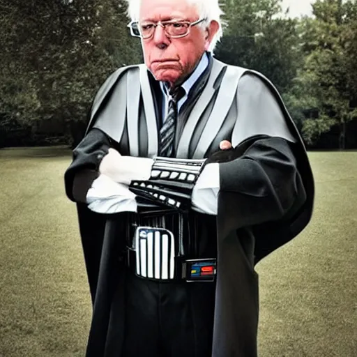 Image similar to bernie sanders wearing darth vader costume. photo portrait by Annie Leibowitz