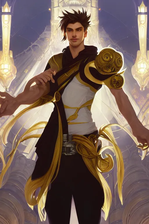 Image similar to fullbody portrait of a male fit hero with strange hairs, soft smile, final fantasy, league of legends champion, strong iridescent light, by chengwei pan and sakimichan and greg rutkowski and alphonse mucha, gradient white to gold, in front of a magical building background, highly detailed portrait, digital painting, smooth, focus illustration