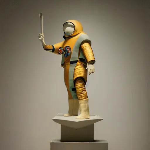 Image similar to [Sculpture of St.Georges, dressed as a cosmonaut, slaying a rich man in the style of futurist brutalism, concrete, in an art gallery]