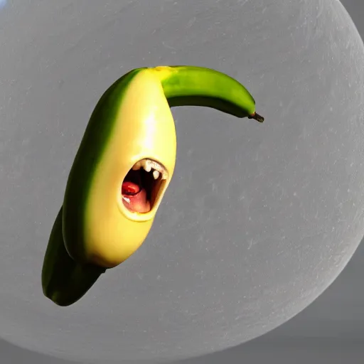 Image similar to a realistic photo of a hungry banana eyes and mouth eating a pickle on Saturn, realistic, 3D render, 8k,