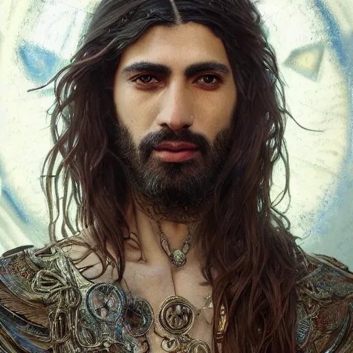 Image similar to portrait painting of a middle - eastern man with shoulder length hair wearing a tattered feather cloak and armor, ultra realistic, concept art, intricate details, eerie, highly detailed, photorealistic, octane render, 8 k, unreal engine. art by artgerm and greg rutkowski and charlie bowater and magali villeneuve and alphonse mucha