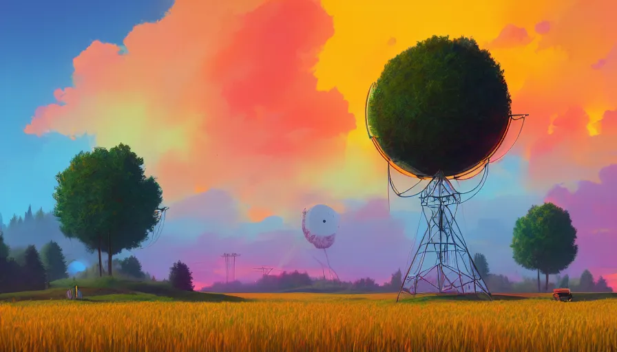 Image similar to sun in the colourful sky, wheat field, radio telescope, big trees, matte painting, art station, digital art, simon stalenhag