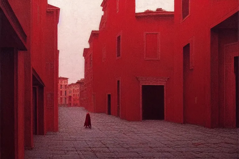 Image similar to only with red, caesar after war, a red tiger, in hoc signo vinces, rome in background, an ancient path, in the style of beksinski, part by hopper, part by rodcenko, part by hofbauer, intricate composition, red by caravaggio, insanely quality, highly detailed, masterpiece, red light, artstation