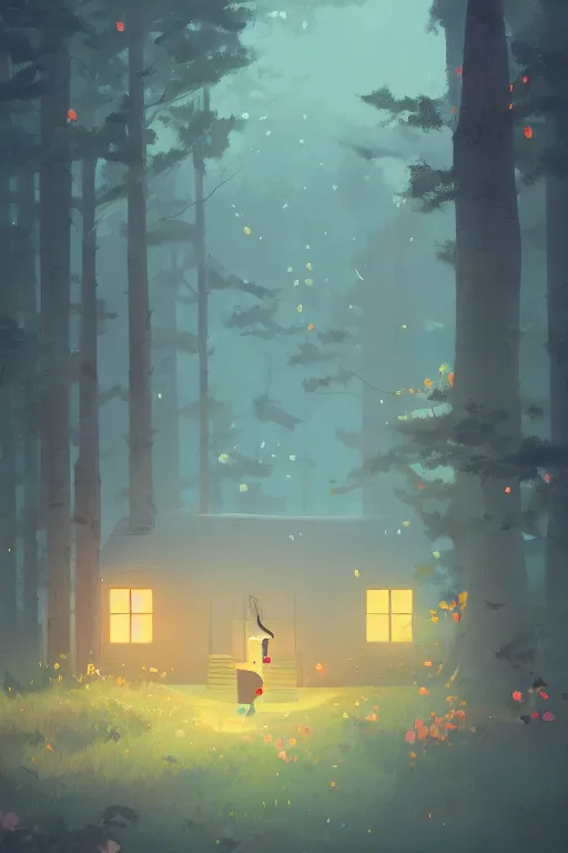 Prompt: the small house in the forest, at night, petals in the air, gibli, james gilleard, atey ghailan, exquisite lighting, clear focus, very coherent, plain background, very detailed, vibrant, dramatic painting