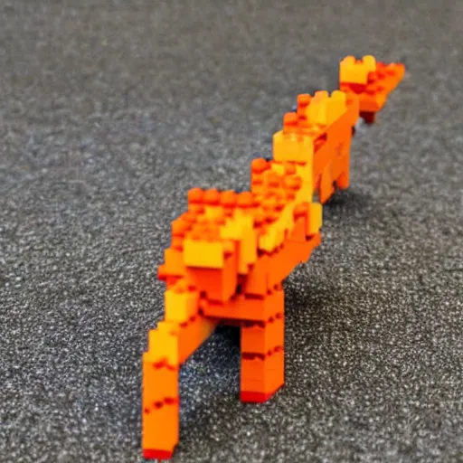 Prompt: smiling orange scratch cat walking, 10,000 piece LEGO sculpture by master builder