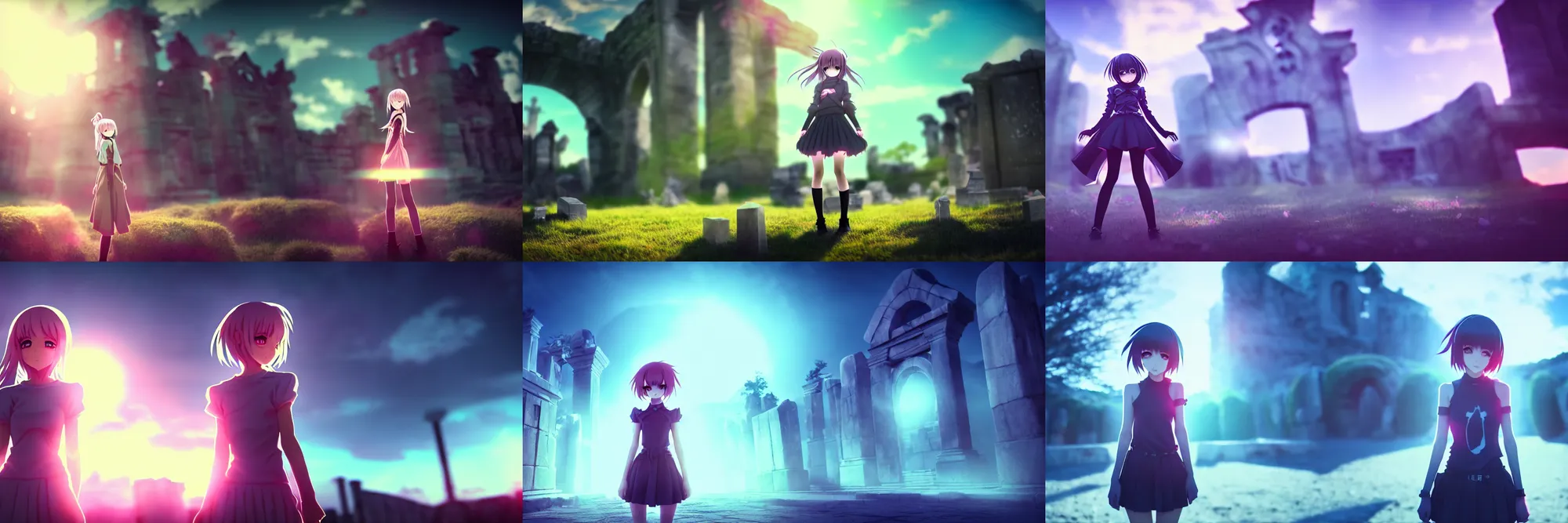 Prompt: kawaii girl in front of necropolis, posing for instagram, epic cinematic still, dynamic perspective, anime style, beautiful volumetric light