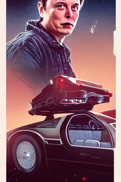 Image similar to elon musk as marty mcfly getting out of delorean, realistic portrait, symmetrical, highly detailed, digital painting, artstation, concept art, smooth, sharp focus, illustration, cinematic lighting, art by artgerm and greg rutkowski and alphonse mucha