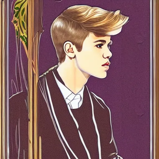 Prompt: art nouveau portrait of justin bieber