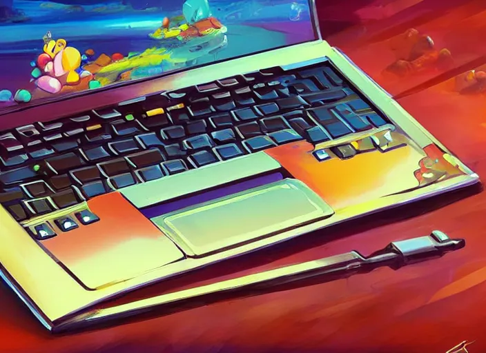 Prompt: concept design of cute laptop for a aaa game, must be made by types of candy the car, oil painting by eren arik and jama jurabaev, extremely detailed, brush hard, artstation, high quality, brush stroke