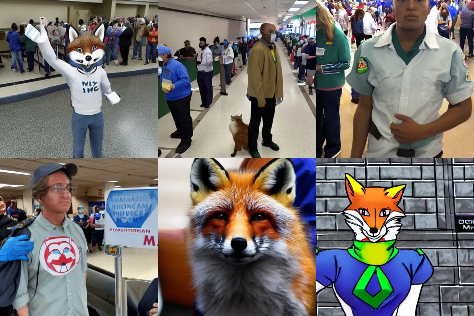 Prompt: Fox McCloud standing in line at DMV, photograph