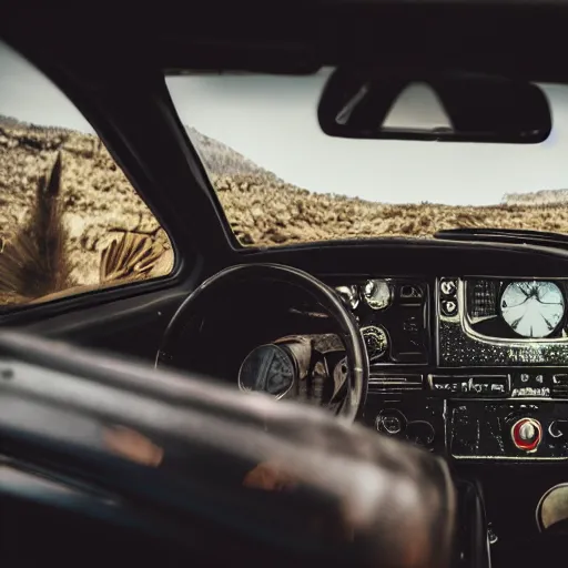 Prompt: deathclaw, monster - behind - the - wheel, monster inside the car, wide lens, 2 4 mm