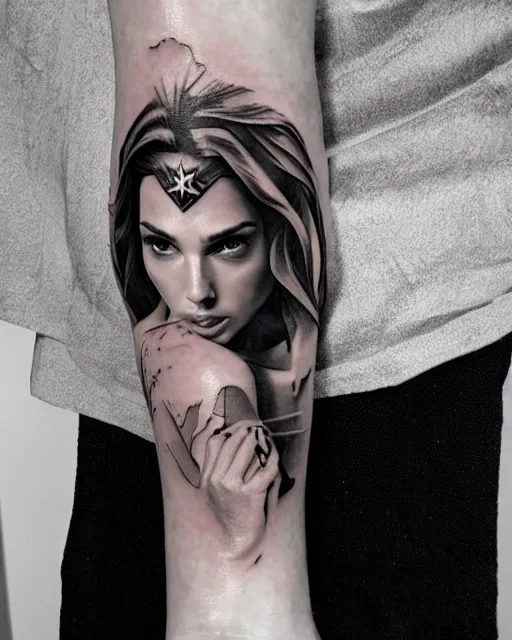 Image similar to creative double exposure effect tattoo design sketch of beautiful gal gadot faded with beautiful mountain scenery, realism tattoo, in the style of matteo pasqualin, amazing detail, sharp