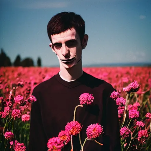 Image similar to kodak portra 4 0 0 photograph of a skinny goth guy standing far back in a field of flowers, wearing bandana on face, moody lighting, telephoto, 9 0 s vibe, blurry background, vaporwave colors, faded!,