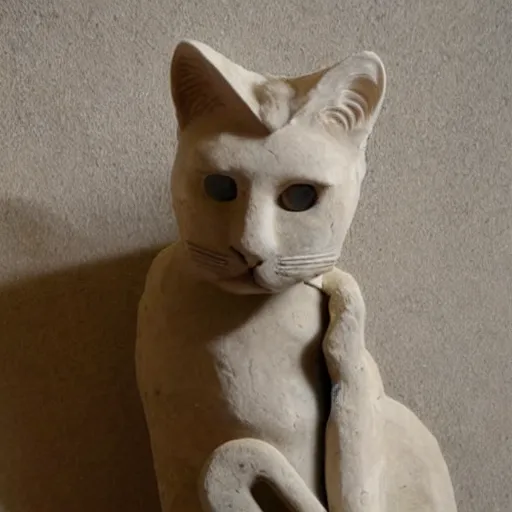 Image similar to close - up museum photo of an ancient limestone clay statue of a cute cat, with letter ה!!! on its head, clay, hebrew, israel, studio lighting, professional, promo,