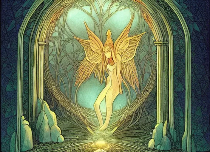Prompt: a symmetrical!!! delicate mtg illustration by charles vess of a host of radiant tiny singed seraphim flying out from a huge glowing doorway of a massive vulva!! - shaped temple of smooth organic architecture, floating in the astral plane and constructed of house - sized crystals and with the bulb of the vestibule over the doorway made of iridescent pearl