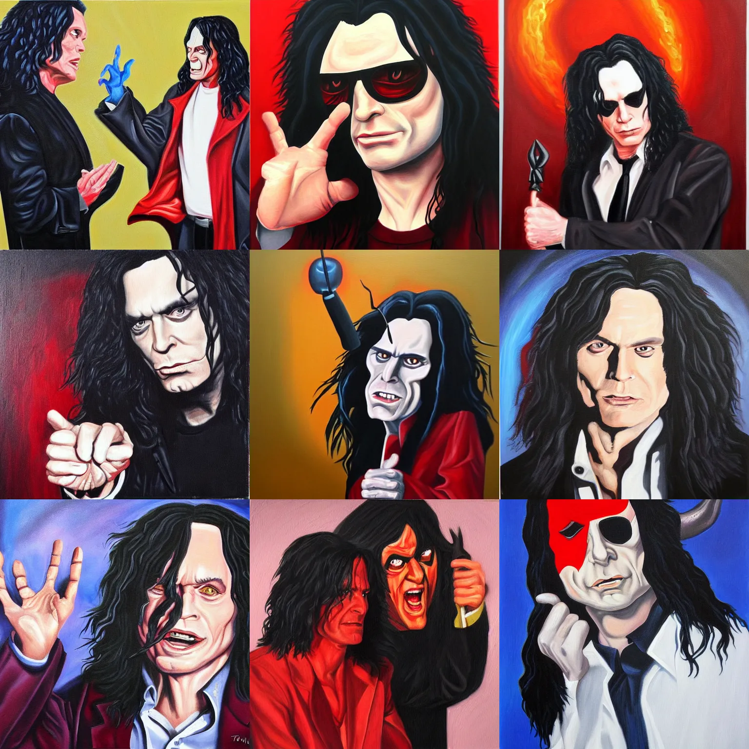 Prompt: Tommy Wiseau makes a deal with the devil renowned painting, acrylic on canvas, trending on Artstation