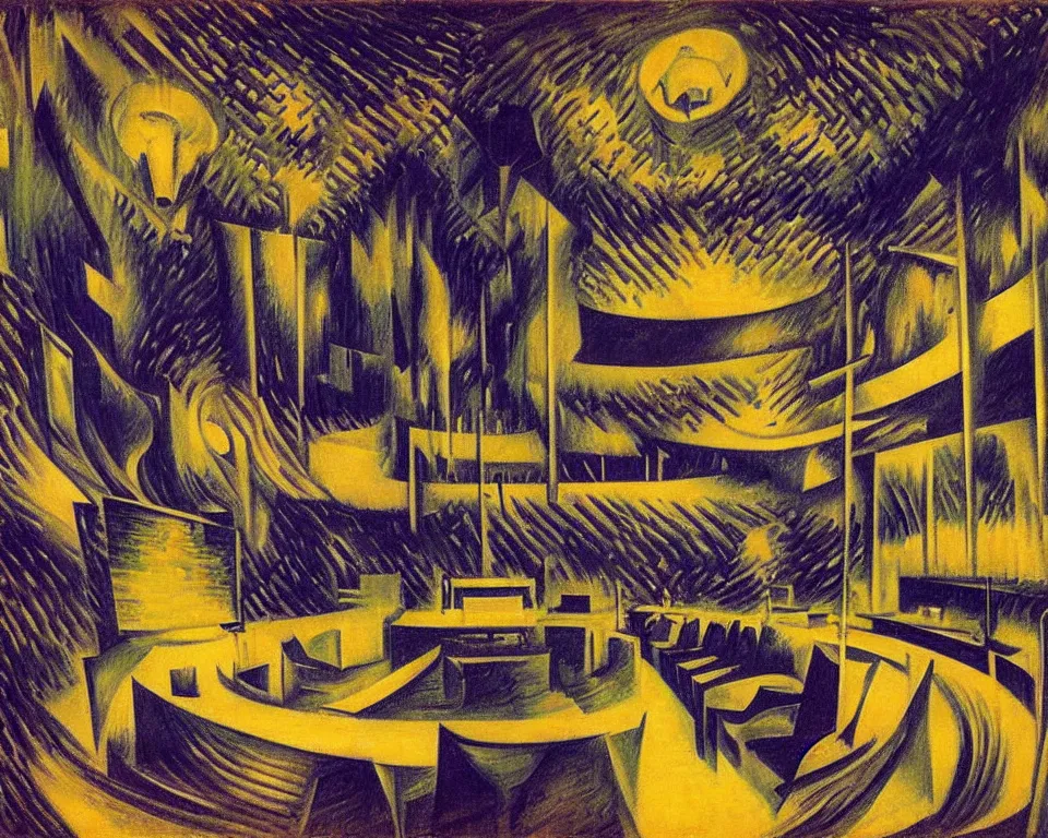 Image similar to abstract courtroom in the rainforest at night by umberto boccioni. detailed, proportional, romantic, enchanting, achingly beautiful, graphic print, trending on artstation, jungle, tropical, foliage