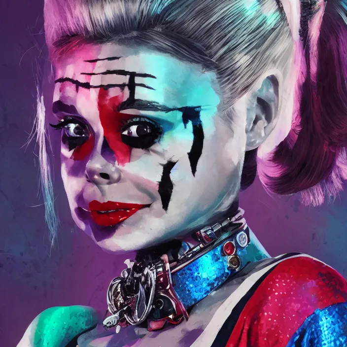 Image similar to portrait of Audrey Hepburn as a harley quinn in Suicide Squad. intricate abstract. intricate artwork. by Tooth Wu, wlop, beeple, dan mumford. octane render, trending on artstation, greg rutkowski very coherent symmetrical artwork. cinematic, hyper realism, high detail, octane render, 8k, iridescent accents