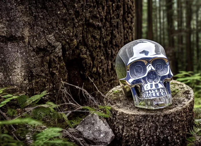 Image similar to crystal skull encased in a crystal box On a pedestal in ancient ruins in the forest. Fantasy horror style. Highly detailed 8k. Intricate. Nikon d850 55mm. Award winning photography.