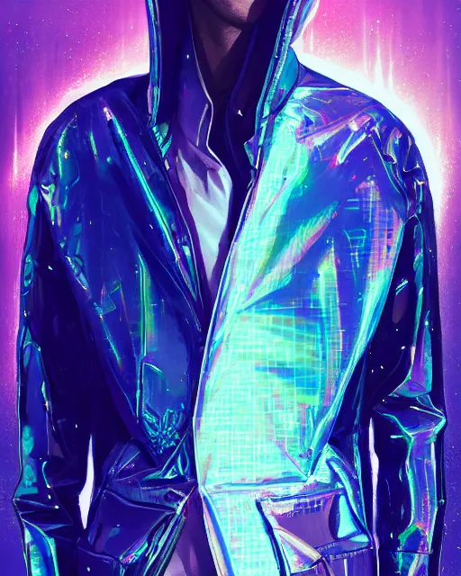 Image similar to detailed portrait of European Pretty Pale Guy Sheen Holographic Jacket coat, Futuristic sci-fi fashion, royal attire Akira, Evangelion, cyberpunk, neotokyo, synthwave, aesthetics, futuristic, low-emission-neon, bladerunner movie scene by ismail inceoglu dragan bibin hans thoma greg rutkowski Alexandros Pyromallis Nekro Rene Margitte illustrated Perfect face, fine details, realistic shaded, fine-face, pretty face sharp chine