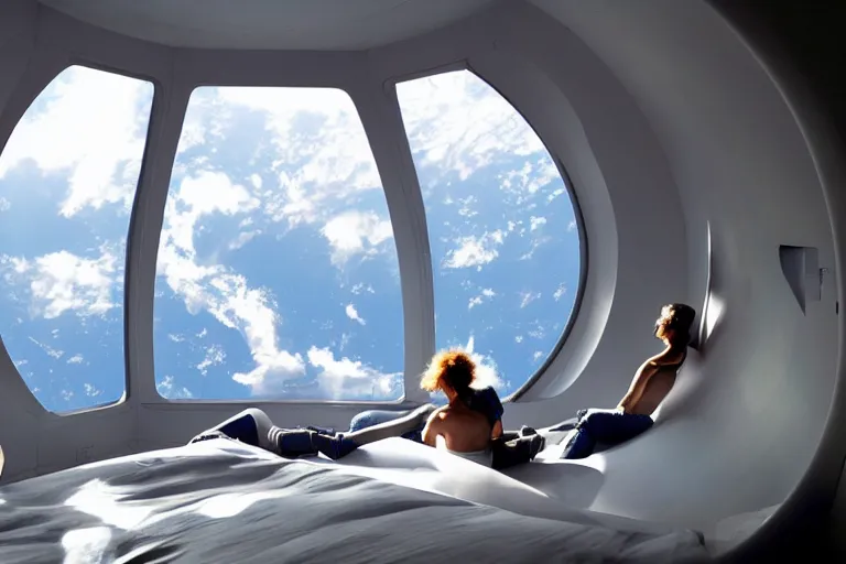 Image similar to sci-fi scene of space tourists in glamourous spaceship bedroom looking out large circular window at earth orbit By Emmanuel Lubezki