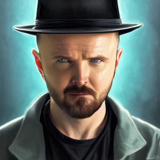 Prompt: portrait of Aaron Paul as Heisenberg, elegant, intricate, headshot, highly detailed, digital painting, artstation, concept art, sharp focus, illustration, art by artgerm and greg rutkowski and alphonse mucha