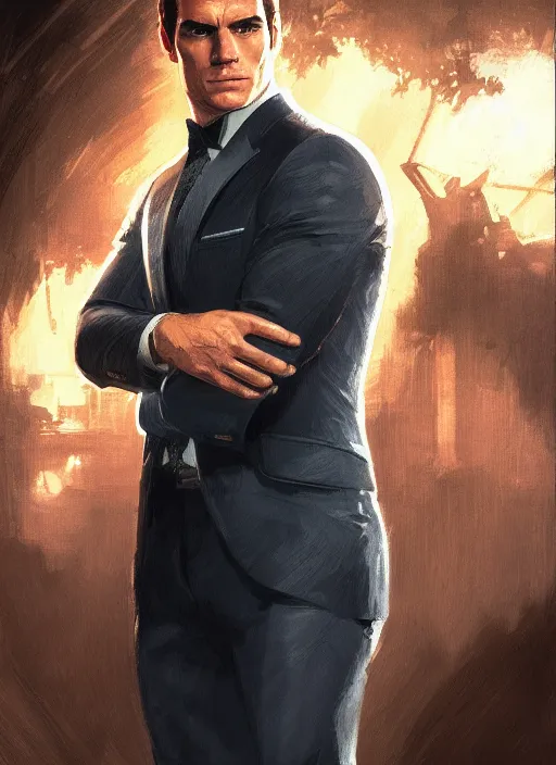 Image similar to portrait of henry cavill as james bond, casino, rain, key art, highly detailed, digital painting, artstation, concept art, cinematic lighting, sharp focus, illustration, art by artgerm and greg rutkowski and alphonse mucha