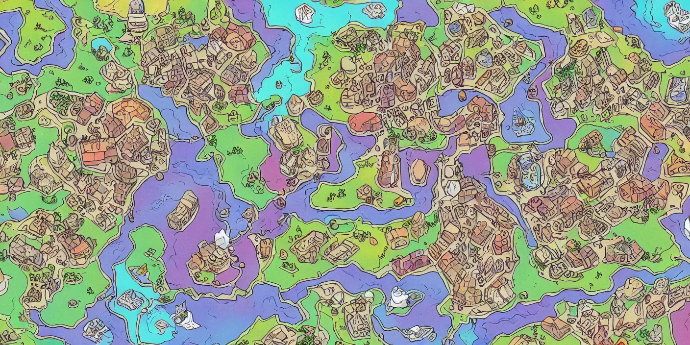 Prompt: a rpg map with random colored regions detailed, flat vivid colors and strokes digital painting