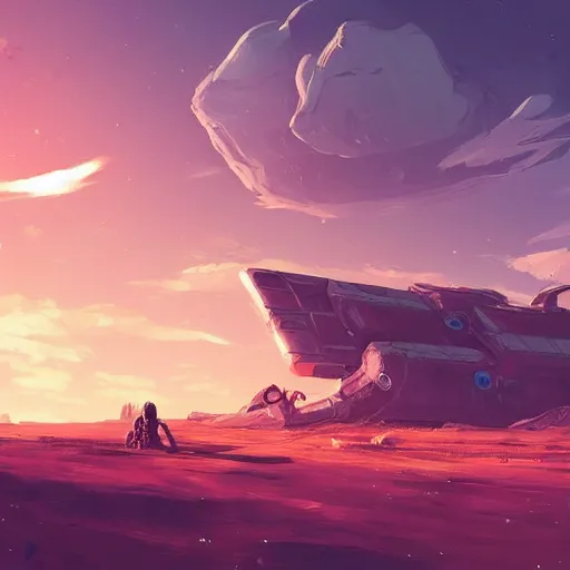 Image similar to a spaceship crashed into a foreign planet, wasteland. The spaceship is buried in the ground. red sky with beautiful white clouds. in the style of digital art, artstation trending, rossdraws, breath of the wild