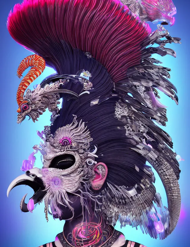 Image similar to 3 d goddess close - up profile portrait punk with mohawk with ram skull. beautiful intricately detailed japanese crow kitsune mask and clasical japanese kimono. betta fish, jellyfish phoenix, bio luminescent, plasma, ice, water, wind, creature, artwork by tooth wu and wlop and beeple and greg rutkowski