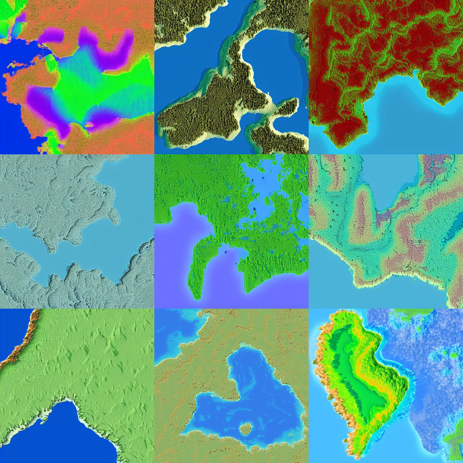 Prompt: a height map of an island surrounded by a large island with mountains colored blue, and a bridge connecting the 2 islands, topographic