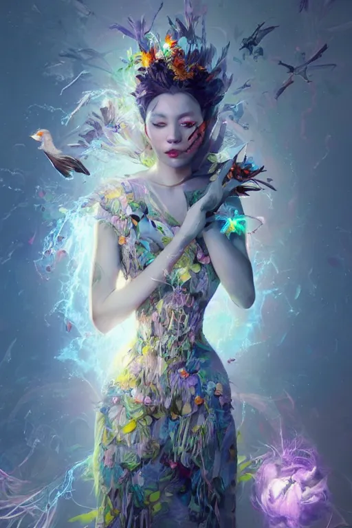 Image similar to beautiful girl witch - doctor exploding into flowers electricity crystal dress, angels, 3 d render, hyper - realistic detailed portrait, holding electricity and birds, ruan jia, wlop. scifi, fantasy, magic the gathering, hyper detailed, octane render, concept art by artgerm, peter mohrbacher