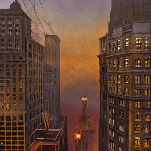 Prompt: muted color ultra realistic painting of a balcony view of 1 9 2 5 boston downtown at night in dr strange's mirror dimension, dark, brooding, night, atmospheric, horror, cosmic, ultra - realistic, smooth, highly detailed in the style of clyde caldwell