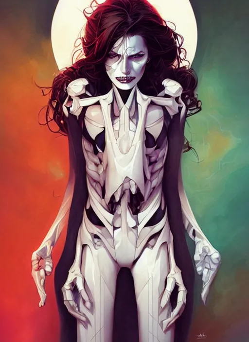 Image similar to artgerm, joshua middleton comic cover art by aigoworld, triangular skeletal calcium fungus lich, full body, symmetrical eyes, symmetrical face, long curly black hair, cyborg, warm colors