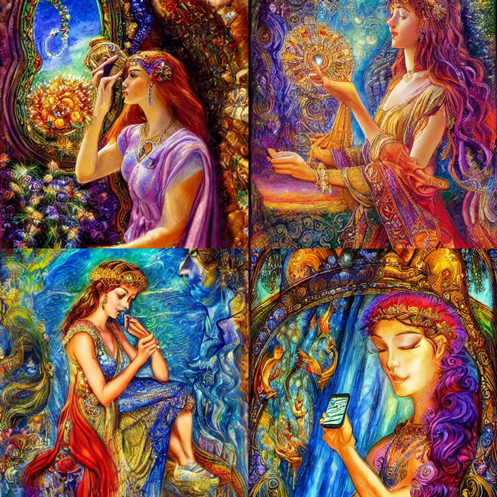 Image similar to goddess checking her phone, by josephine wall