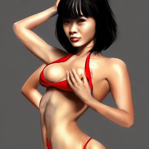 Prompt: wimp lo from kung pow in bikini, realism, digital painting, ultra detailed, artstation