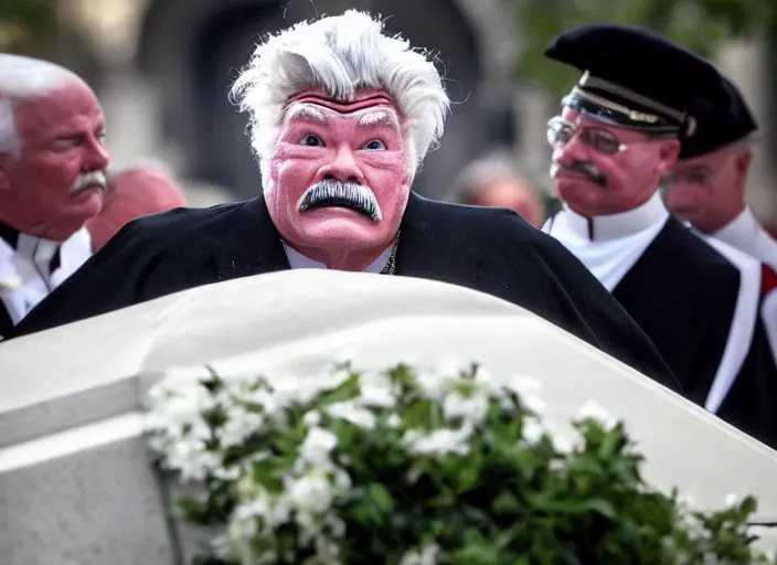 Image similar to photo still of rip taylor at the popes funeral!!!!!!!! at age 5 4 years old 5 4 years of age!!!!!!! throwing confetti from a bucket at the grave, 8 k, 8 5 mm f 1. 8, studio lighting, rim light, right side key light