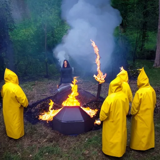 Image similar to a gathering of yellow raincoat wearing cat magicians summon a fire goddess from the depths of a raging fire pit, flames are emerging from fissures in the ground.