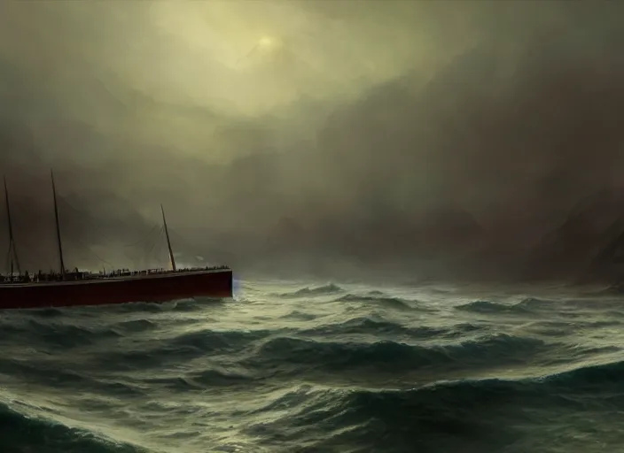 Prompt: The sinking of the Titanic, digital painting, artstation, concept art, Craig Mullins , Breathtaking, 8k resolution, extremely detailed, beautiful, establishing shot, artistic, hyperrealistic, octane render, cinematic lighting, dramatic lighting, masterpiece, light brazen, extremely detailed and beautiful face