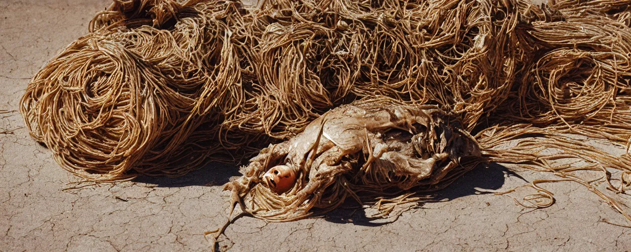 Prompt: a rotting animal carcass wrapped in spaghetti, vulture eating, hot pavement in the desert, canon 5 0 mm, high detail, intricate, sunny, cinematic lighting, photography, wes anderson, film, kodachrome