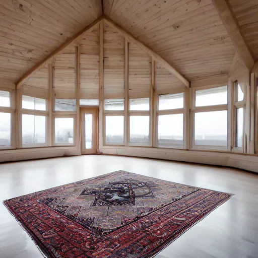 Prompt: 1.7 metre high attic, with matte white angled ceiling, with 2 windows opposing each other, with a large square window in the back right corner of the room, with exquisite turkish and persian rugs on the polished plywood floor, XF IQ4, 150MP, 50mm, F1.4, ISO 200, 1/160s, natural light