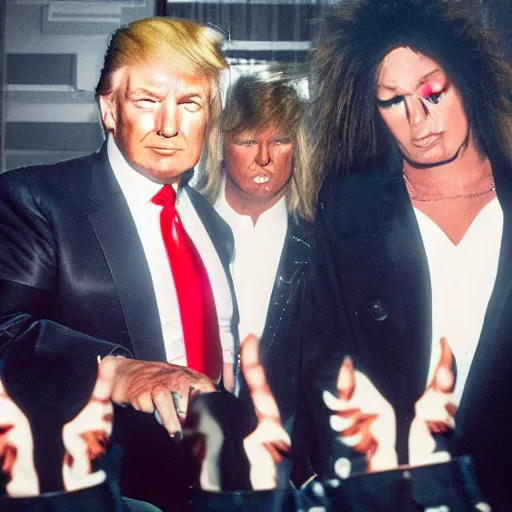 Prompt: a photo of Donald trump as a front man in a glam metal band