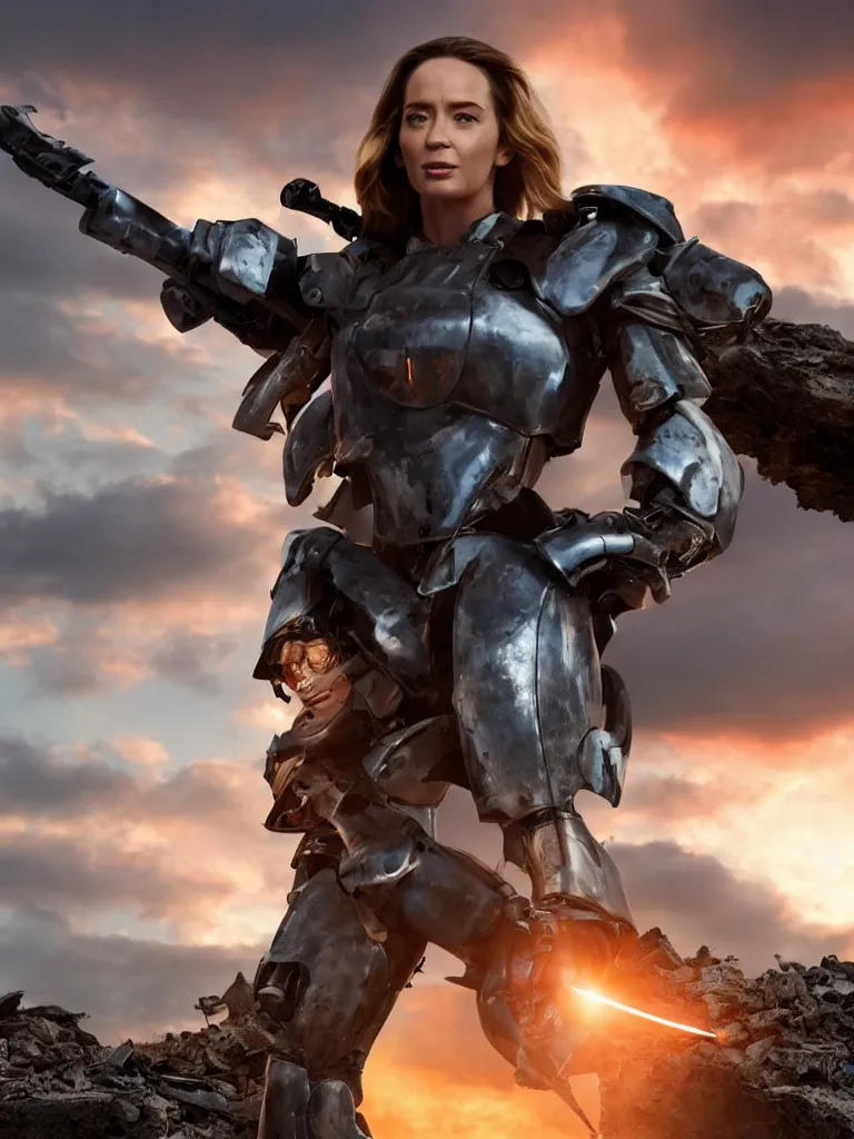 Prompt: emily blunt in futuristic power armor, by herself, holding a sword on her shoulder, standing atop a pile of rubble, sunset and big clouds behind her