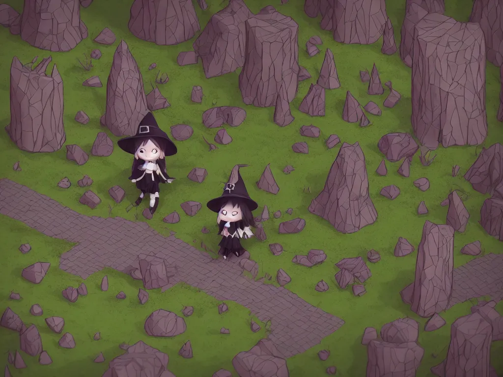 Prompt: cute fumo plush gothic witch girl exploring in the woods, isometric perspective, orthographic, tile map, vray