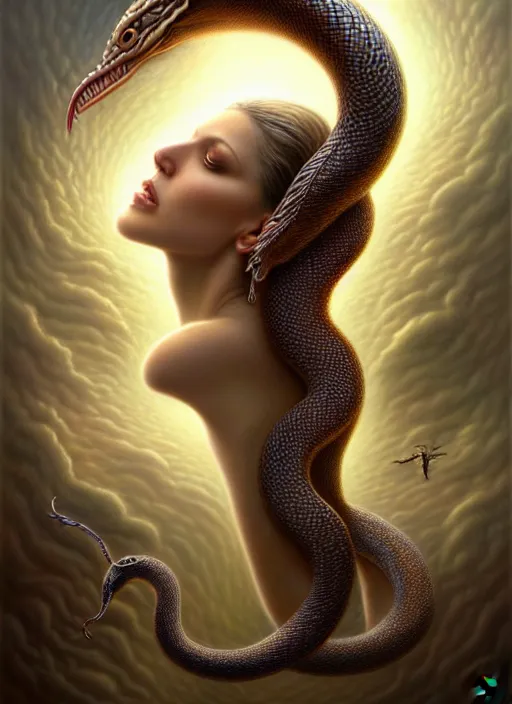 Image similar to snake eating an angel, fine art, intricate, elegant, highly detailed, realistic hair, centered, digital painting, art station, conceptual art, soft, sharp focus, illustration, artwork, artgerm, tomasz alen kopera, peter mohrbacher, donato giancola, wlop, boris vallejo