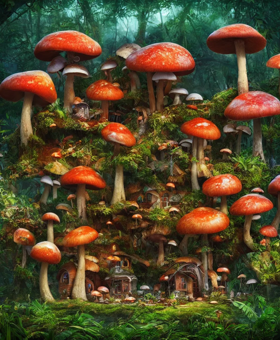 Prompt: beautiful Hyperrealistic mushroom house in the middle of the jungle, macro lens, highly detailed, digital painting, trending artstation, concept art, illustration, cinematic lighting, vibrant colors, photorealism, epic, octane render