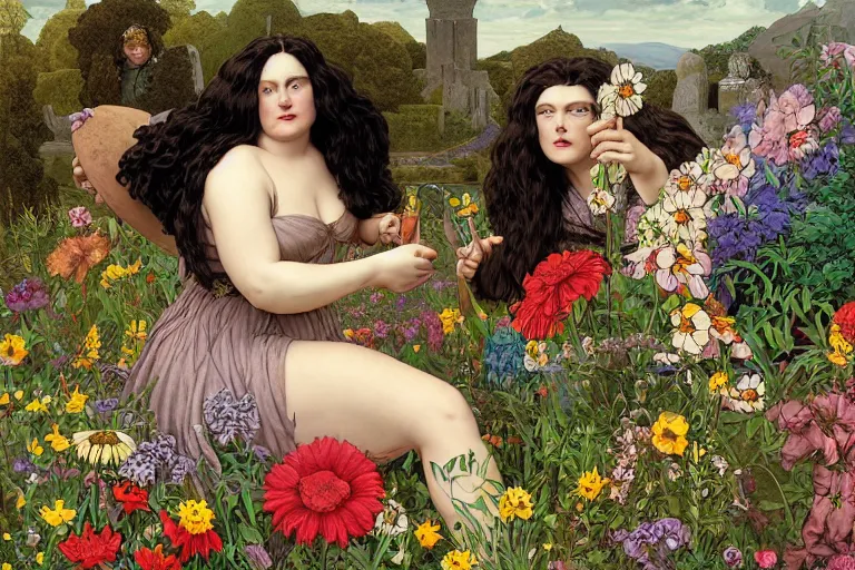 Image similar to hagrid the viking and morticia addams frolicking in a field of various flowers, fairy garden, masterpiece, highly detailed, oil on canvas, art by kilian eng and frederic leighton and rosetti